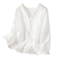 Summer Petite Embroidered Cotton Half Sleeve V-Neck Hollow-Out Cropped Shirt