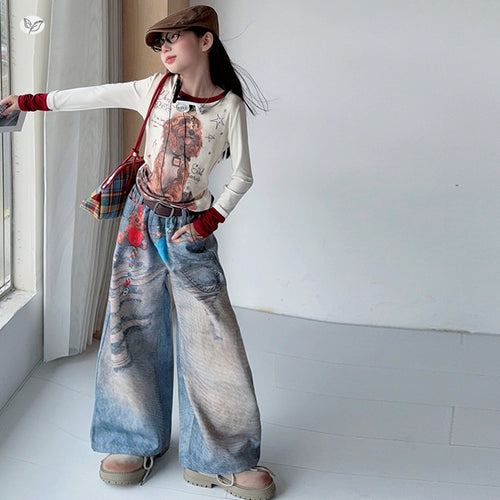 Girls' Faux Layered Cartoon Tee Digital Print Wide-Leg Pants Set