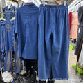 European Heavy Crystal Decorated Loose Denim Shirt + Elastic Waist Wide Leg Pants Two-Piece Set