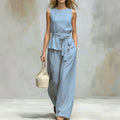 Spring-Summer Casual Sleeveless Belt Pants + Top 2-Piece Set