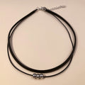 Western Personality Harajuku Minimalist Leather Wax Cord Silver Plated Bead chocker Choker Women Double-Layer Necklace Bead Collar