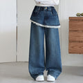 Girls' Korean Lace Trim Flap Back Wide-Leg Jeans
