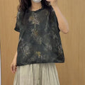 Summer Korean Artistic Ramie Mini Flutter Sleeve Stand Collar Printed Loose Shirt
