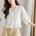 Summer Petite Embroidered Cotton Half Sleeve V-Neck Hollow-Out Cropped Shirt