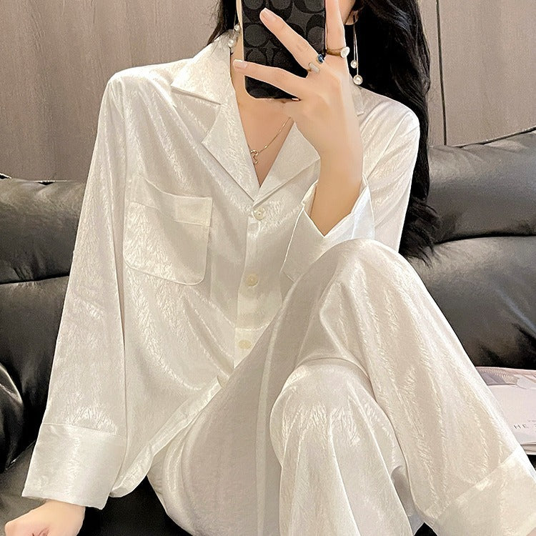 新春季薄款冰丝睡衣带胸垫女夏高级感长袖提花开衫女士家居服套装