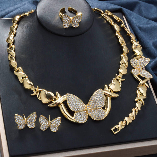 Overseas Bestseller Western Set Full Diamond Butterfly Pendant Fashionable Chain Necklace Bracelet Set Earrings Ring Set Sweet
