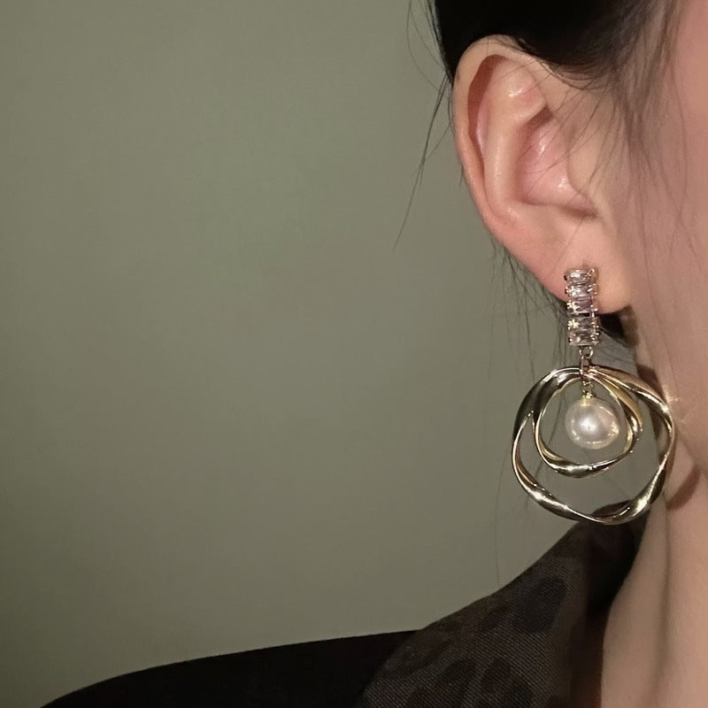 Vintage Round Pearl Pendant Stud Earrings - view 3