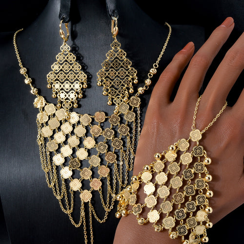 Overseas Western Bestseller Fashionable Simple Four Leaf Clover Fringe Bracelet Ring One-Piece Necklace Earrings Set Women Set
