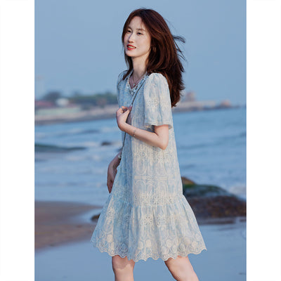 韩版夏季重工刺绣蕾丝优雅气质小洋裙圆领泡泡A字连衣裙女