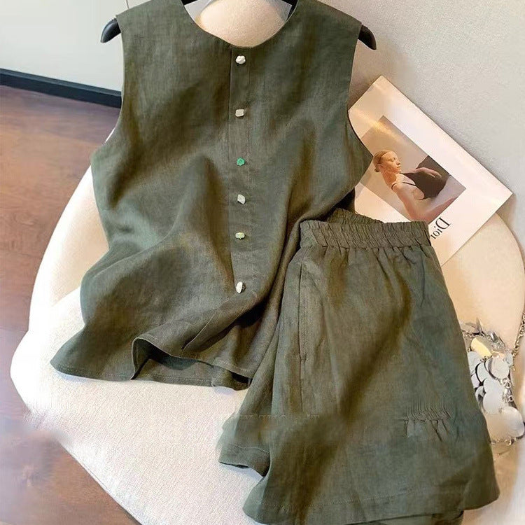 Summer Old Money Retro Linen Cotton Sleeveless Shorts 2-Piece Set