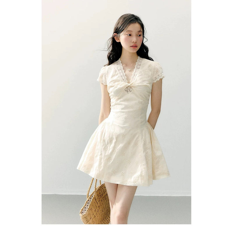 ANNATTO Jasmine Off-White Embroidered V-Neck Lace A-Line Fitted Dress