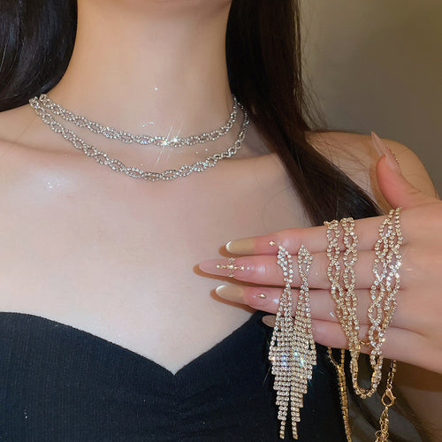Layered Light Full Diamond Double-Layer Geometric Cutout Jewelry Set Banquet Party Necklace Light Luxury Niche Necklace Women