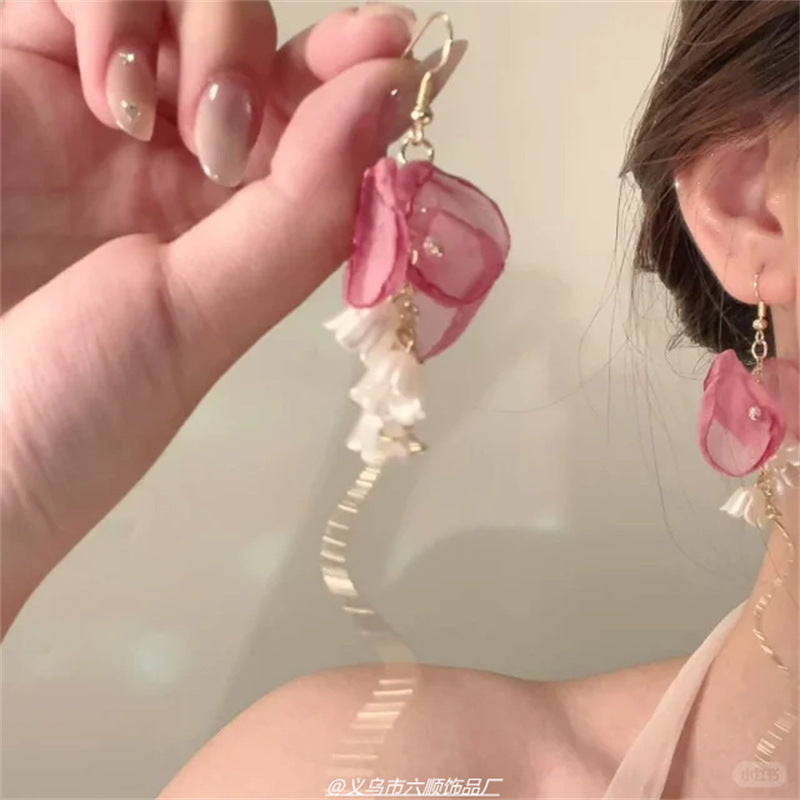 Sparkling Zircon Flower Tassel Earrings - view 12