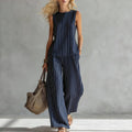Old Money Style Linen Two-Piece Set - Sleeveless Print Top plus Wide Leg Pants