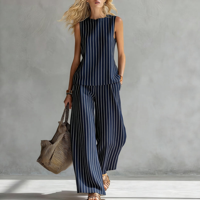 Old Money Style Linen Two-Piece Set - Sleeveless Print Top plus Wide Leg Pants