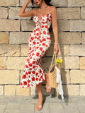 Women's French Floral Halter Tie Waist Slim Maxi Dress
