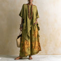 Women's Ethnic Vacation Linen Printed Loose Wide Leg Pants + Top 2-Piece Set 2026 - Olive