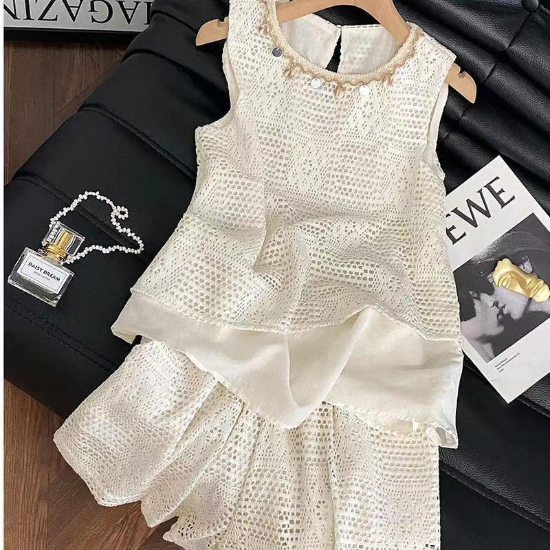 Women's Summer French Ethnic Sleeveless Hollow-Out Loose Tank Top 2-Piece Set 2026 - Apricot