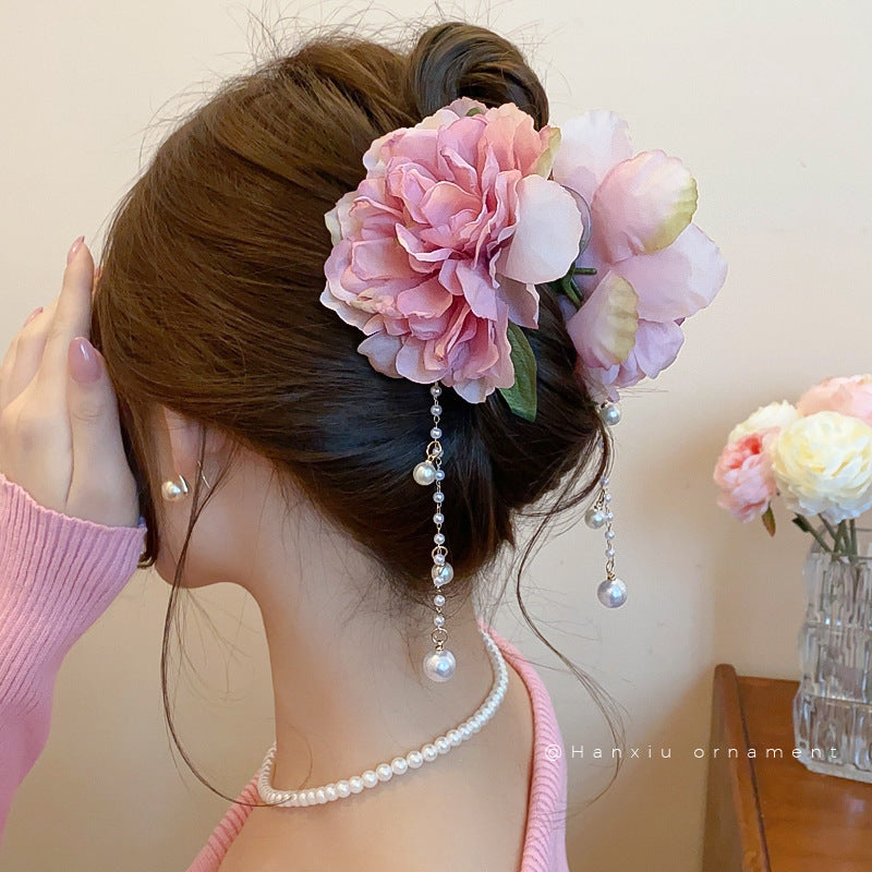 Double-Sided Fabric Flower Pearl Tassel Hair Clip - view 3