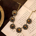 Vintage Turquoise Sunflower Necklace Imperial Breeze Western Retro Pendant Rhinestone Personality Sweater Chain