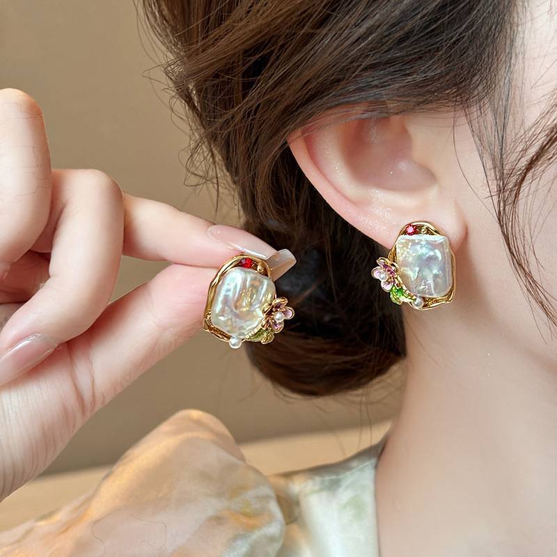 Monet Garden Floral Pearl Rhinestone Earrings - view 2