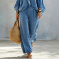 Women's Fall Batwing Sleeve Crew Neck Wide Leg Pants 2-Piece Set 2026 - Blue