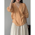 Summer Korean French Ramie Lace V-Neck Shirt