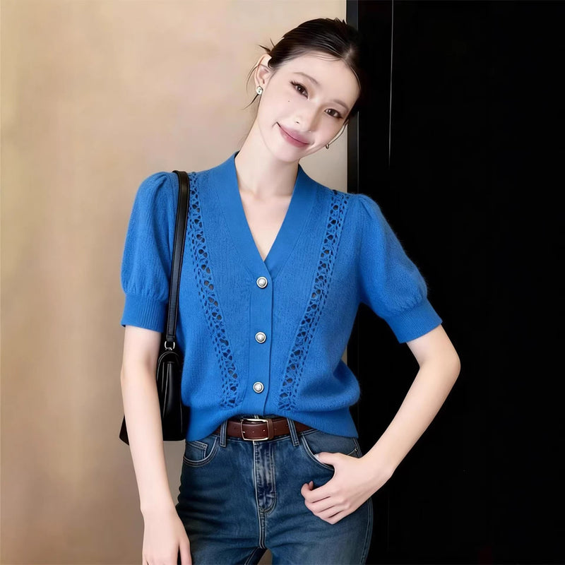 Women's Summer Knit Short Sleeve V-Neck Hollow-Out Cardigan + Top 2026 - Blue