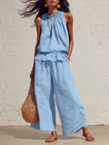 Women's Summer Casual Linen Cotton Sleeveless Ruffle Wide Leg Pants 2-Piece Set 2026 - Red