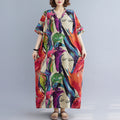 Women's Summer Vacation Minimal Plus Size Linen Cotton V-Neck Printed Loose Long Skir - Apricot