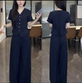 Summer Old Money Fashion Tencel Linen Sleeveless Wide Leg Pants + Vest 2-Piece Set