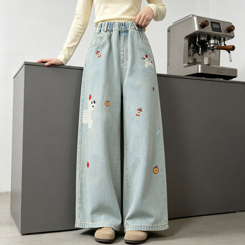 Girls' American Retro Embroidered Wide-Leg Jeans