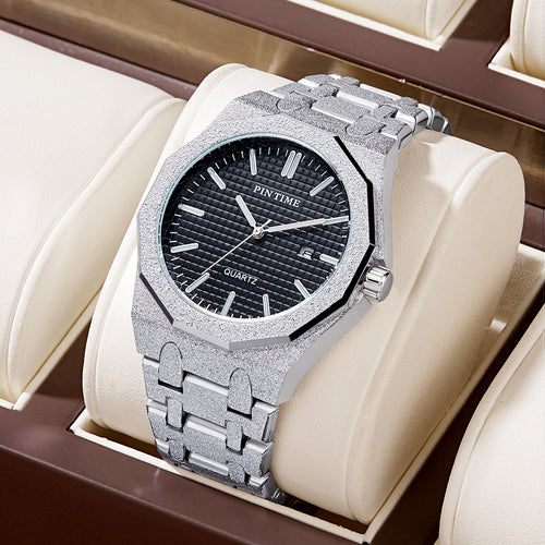 Cross-Border Hit Mens Watch Sand Texture Glow Waterproof Steel Band Quartz Watch Fashionable Light Luxury Formal Stylish Watch