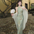 New Chinese Style Floral Halter Modified Cheongsam Dress Set