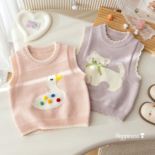 Girls' Cartoon Duckling and Kitty Jacquard Knit Vest