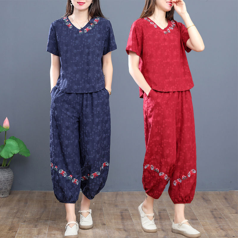 Women's Summer Ethnic Retro Plus Size Short Sleeve Loose Lantern Wide Leg Pants + Pan - Blue