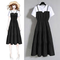 Plus Size Spliced Maxi Dress - French Style Waist-Cinching Short Sleeve with Straps