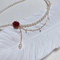 New Import Retro Red Rose Imitation Pearl Necklace Fringe Chain With Crystal Women Necklace Wholesale Women 6404