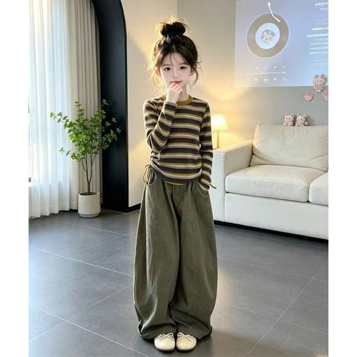 Girls' Striped Cord Tee & Curved-Leg Pants Set