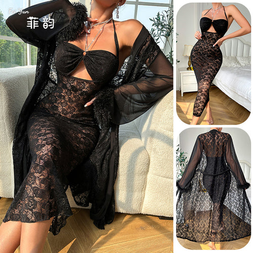 亚马逊爆款蕾丝性感透视情趣挂脖连衣裙套装长款外袍家居服720