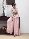 Women's Summer Artistic Retro Ramie Embroidered Loose Straight Leg Wide Leg Pants + T - Tank