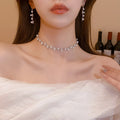 Korean Style Simple Rhinestone Geometric Pearl Earrings Necklace Set Fashionable Elegant Clavicle Chain Light Luxury Premium Necklace