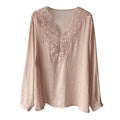 Summer Korean Slimming Ramie Embroidered Long Sleeve Patchwork Loose Shirt