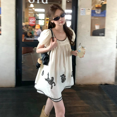 im向 Jennie同款~重工莱赛尔连衣裙女夏蕾丝刺绣短款温柔娃娃裙