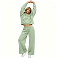 Fall-Winter Sporty Fleece Loose Drop Shoulder Wide Leg Pants + Hoodie 2-Piece Set