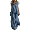 Spring-Summer Casual Fashion Linen Cotton Sleeveless Wide Leg Pants + Top 2-Piece Set