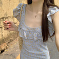 French Retro Square Collar Floral Fitted Ruffle Long Dress