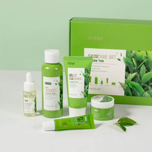 跨境新款FENYI绿茶5件套洗50g+水100ml+面霜25g+眼霜15g+精华17ml