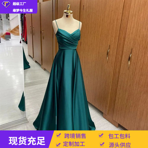 亚马逊晚礼服女吊带性感聚会派对生日宴晚礼服气质长款缎面连衣裙