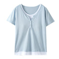 women's fake two-piece pajamas with breast pads, bra-free summer short-sleeved round neck pure cotto